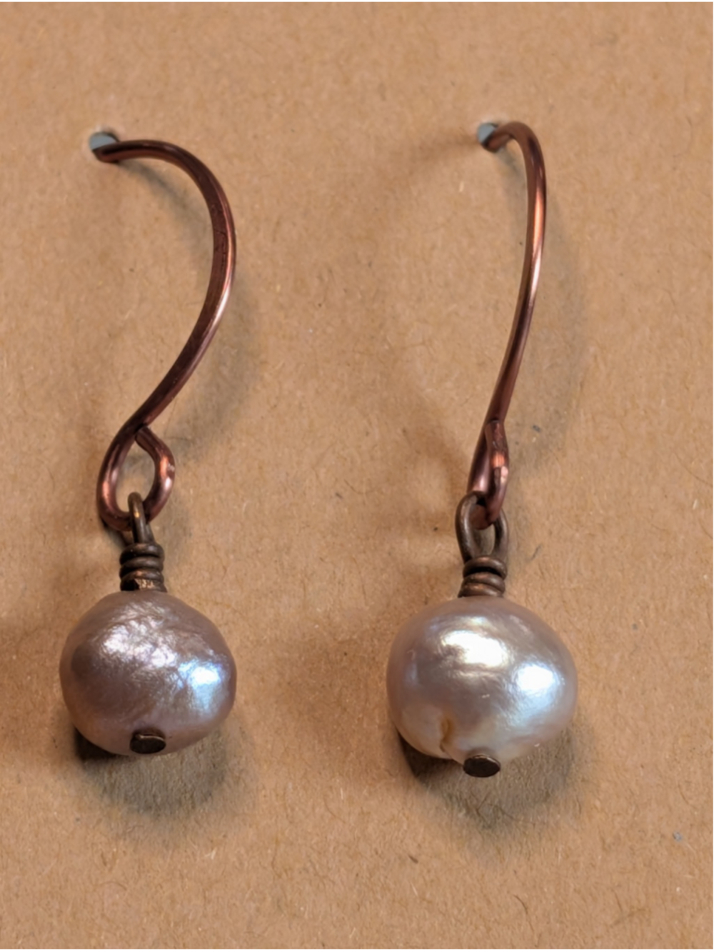 NEW Artisan Copper Hand Wire Wrapped Dainty Drop Pearl Lavender Dangle Earrings - Picture 3 of 6